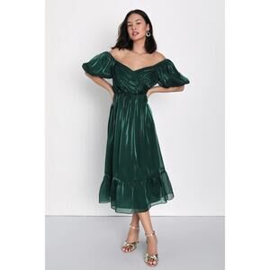 NWOT Lulus Remarkable Sensation Emerald Green Puff Sleeve Tiered Midi Dress Sz S